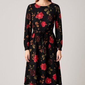 eShakti Black Floral Long Sleeve Belted Dress